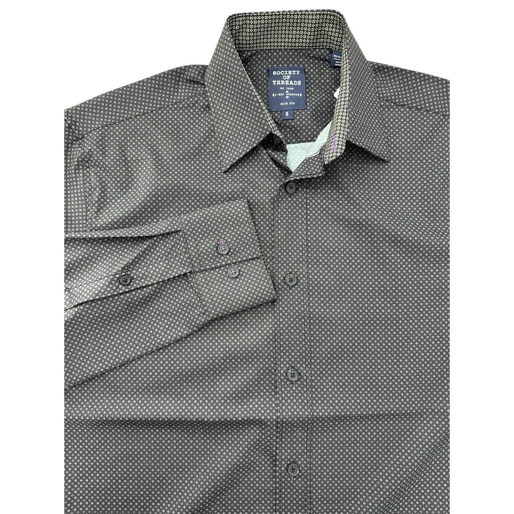 Society of Threads Dress Shirt Slim Stretch No-Iron Black Diamond Mens Small NWT